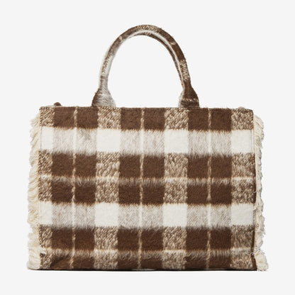 Brown Plaid Wool Tote Bag with Fringed Edges