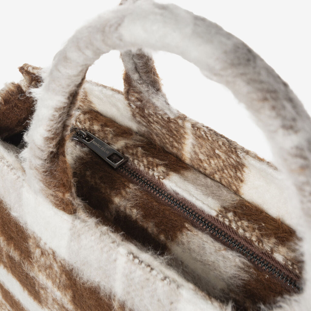 Brown Plaid Wool Tote Bag with Fringed Edges