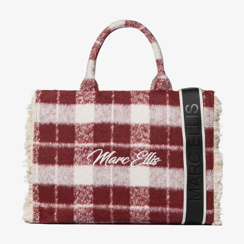 Red Plaid Wool Tote Bag with Logo Strap