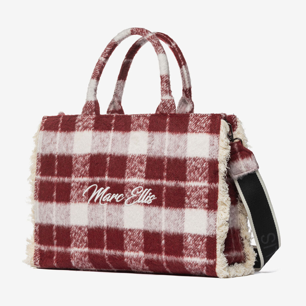 Red Plaid Wool Tote Bag with Logo Strap