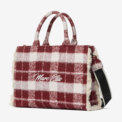 Red Plaid Wool Tote Bag with Logo Strap