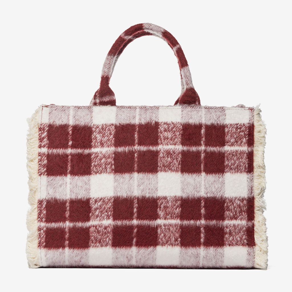 Red Plaid Wool Tote Bag with Logo Strap