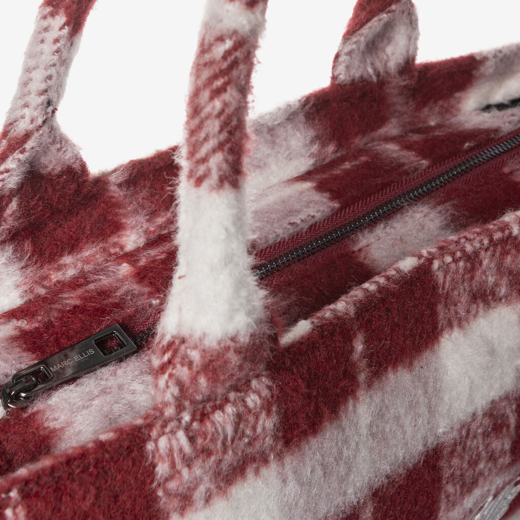 Red Plaid Wool Tote Bag with Logo Strap