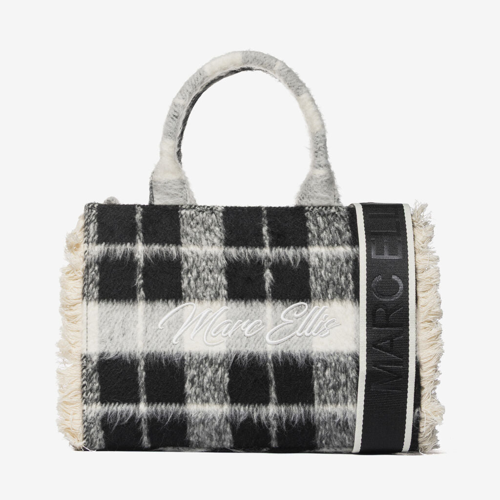 Black Plaid Wool Tote with Embroidered Logo