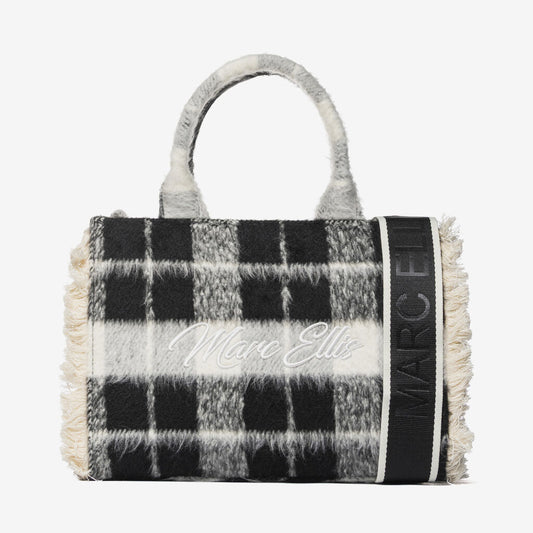 Black Plaid Wool Tote with Embroidered Logo