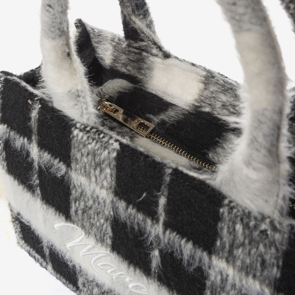 Black Plaid Wool Tote with Embroidered Logo