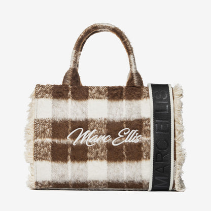 Brown Plaid Faux Wool Tote with Logo Accent