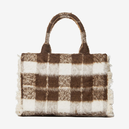 Brown Plaid Faux Wool Tote with Logo Accent