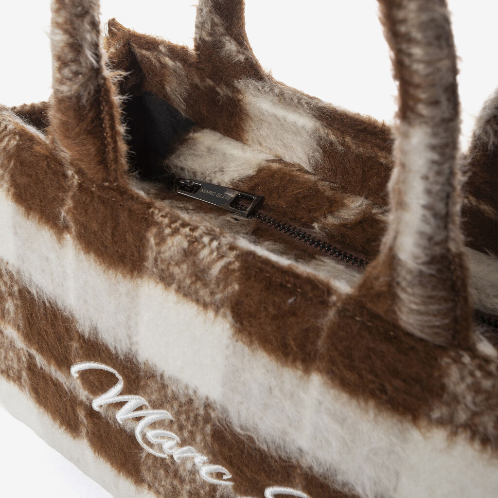 Brown Plaid Faux Wool Tote with Logo Accent