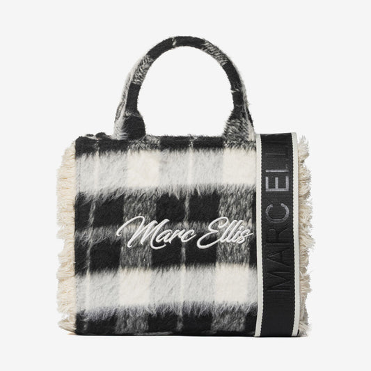 Black Plaid Textured Tote with Logo Strap