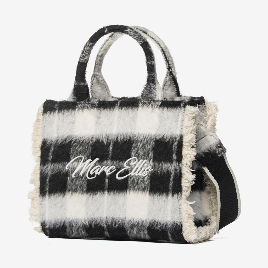 Black Plaid Textured Tote with Logo Strap