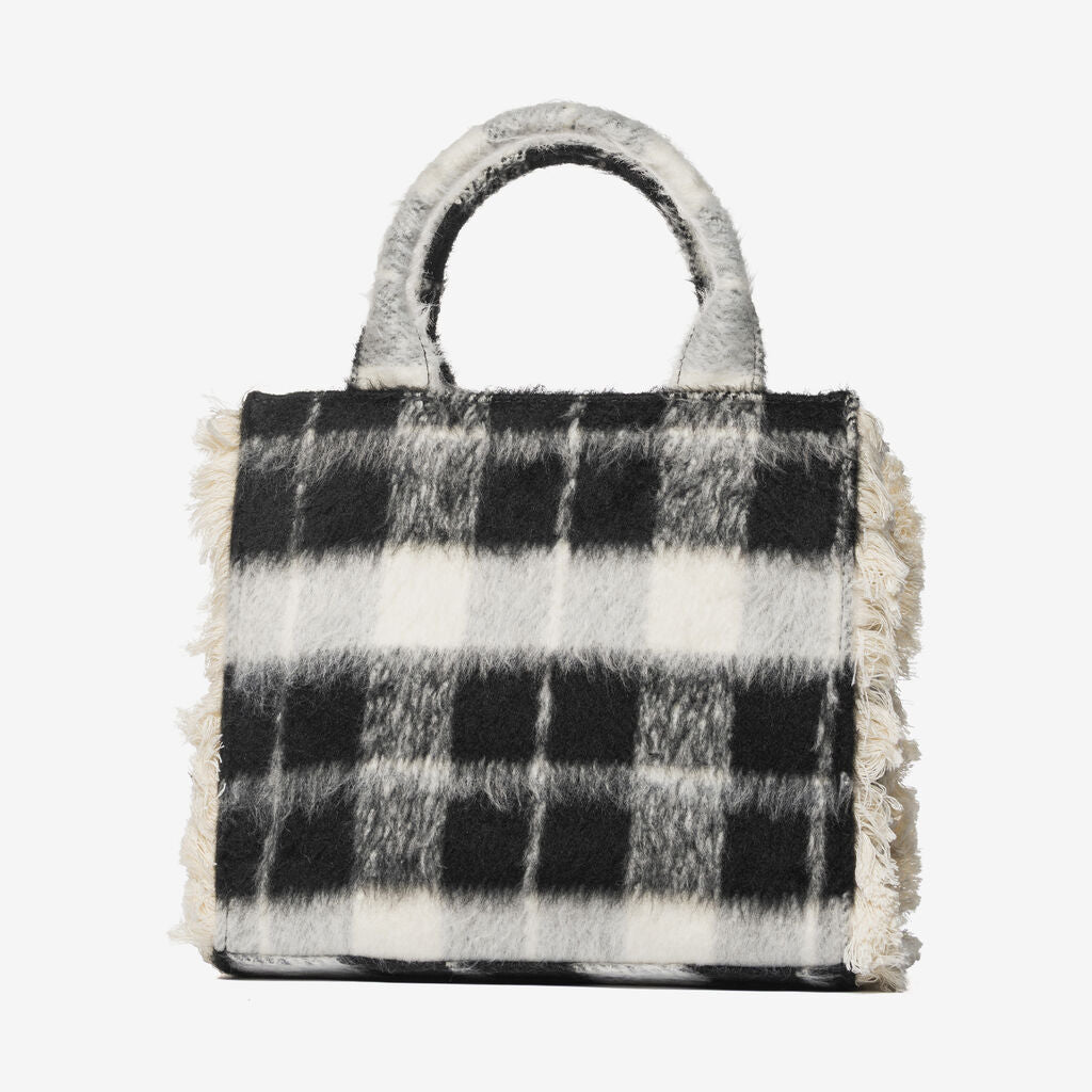 Black Plaid Textured Tote with Logo Strap