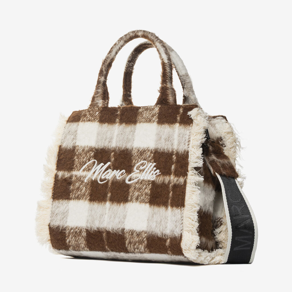 Brown Plaid Wool Tote Bag with Logo
