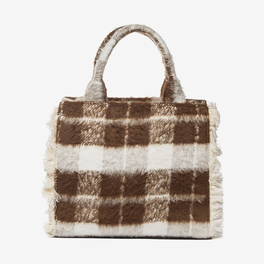 Brown Plaid Wool Tote Bag with Logo