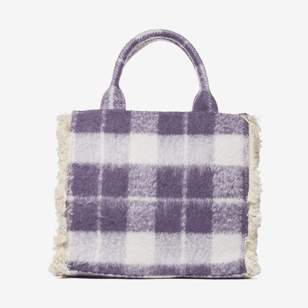 Purple Plaid Fabric Tote Bag with Embroidered Logo