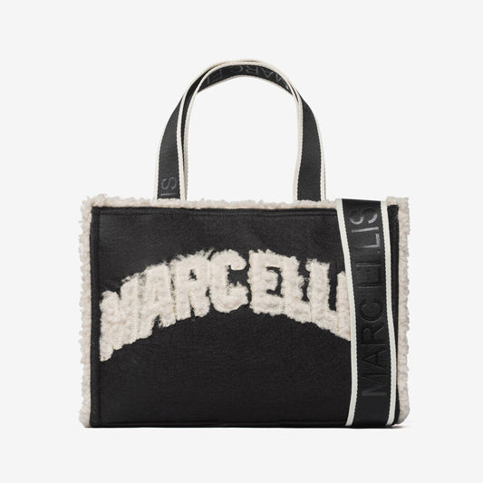 Black Shearling Tote with Logo Detail