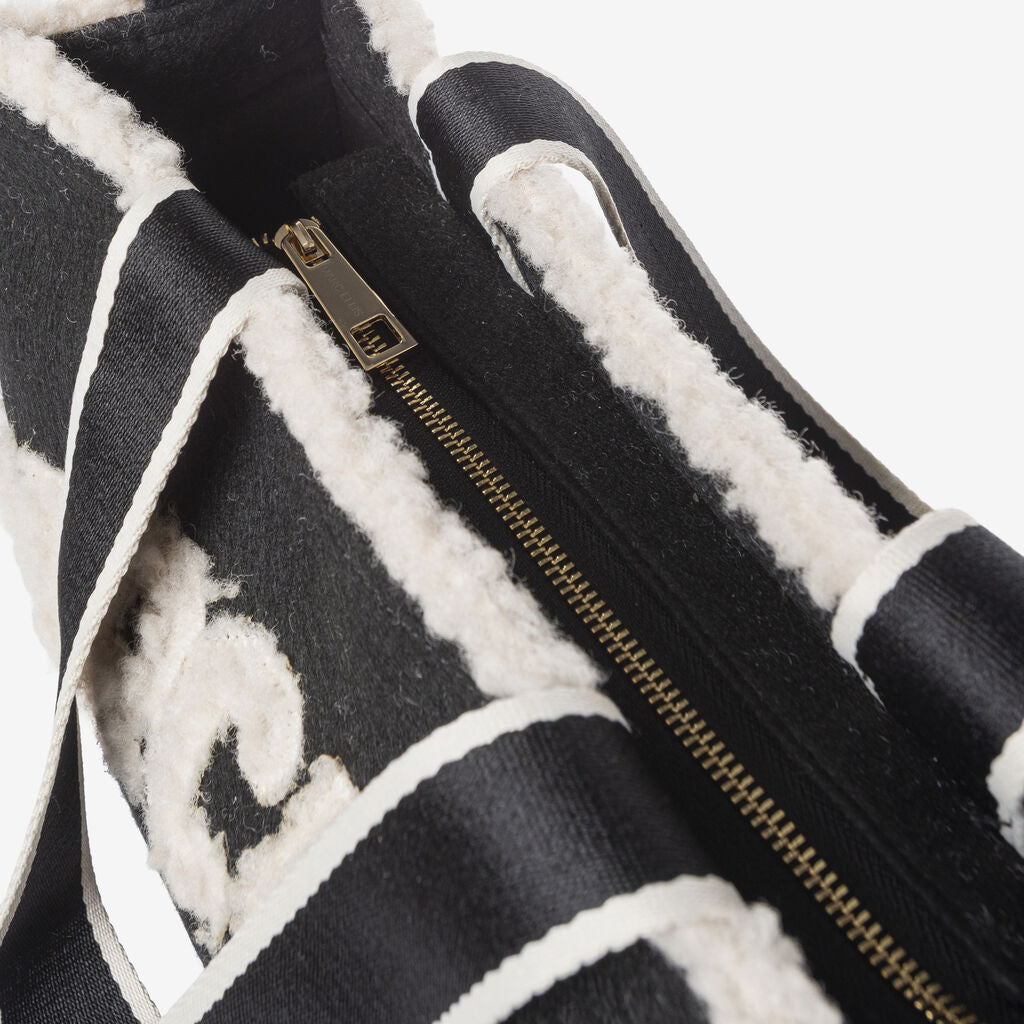 Black Shearling Tote with Logo Detail