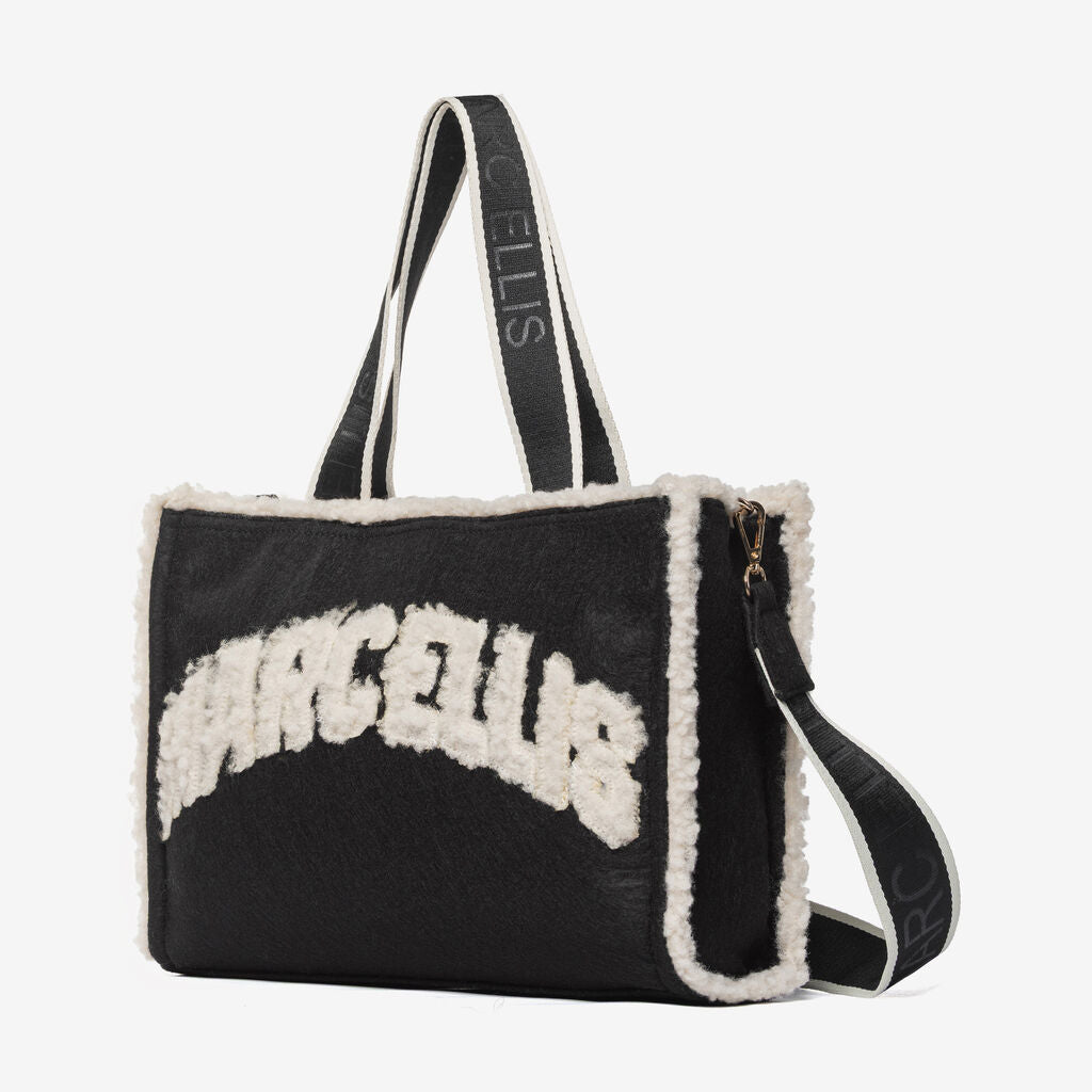 Black Shearling Tote with Logo Detail