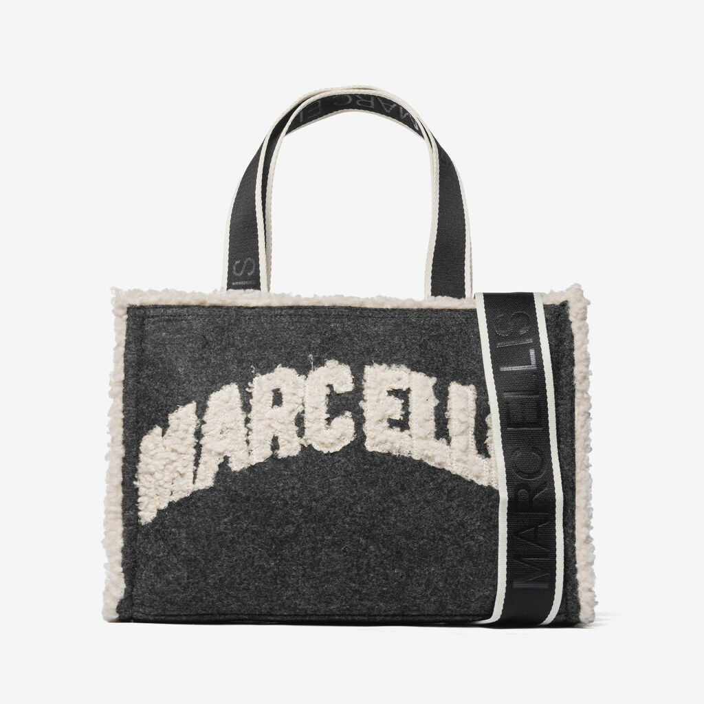 Black Wool Tote Bag with Logo Detail