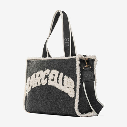 Black Wool Tote Bag with Logo Detail