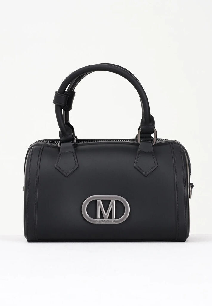 Black Structured Handbag with Metal Logo Accent