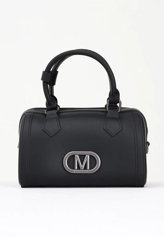 Black Structured Handbag with Metal Logo Accent