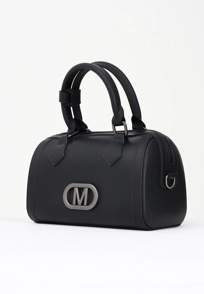 Black Structured Handbag with Metal Logo Accent