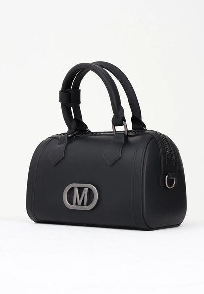 Black Structured Handbag with Metal Logo Accent