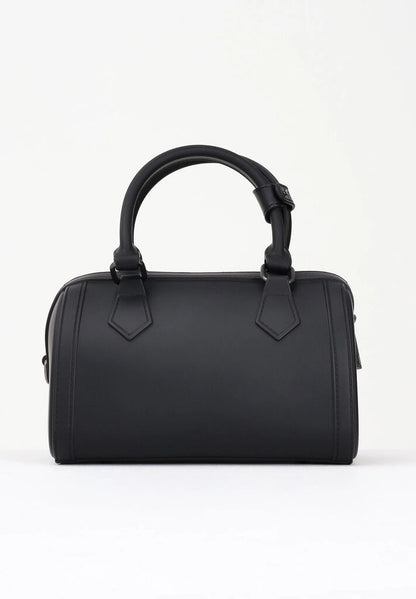 Black Structured Handbag with Metal Logo Accent