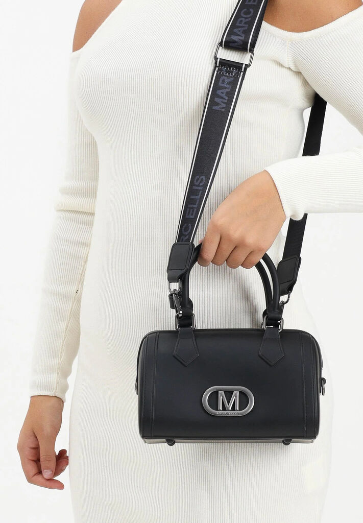 Black Structured Handbag with Metal Logo Accent