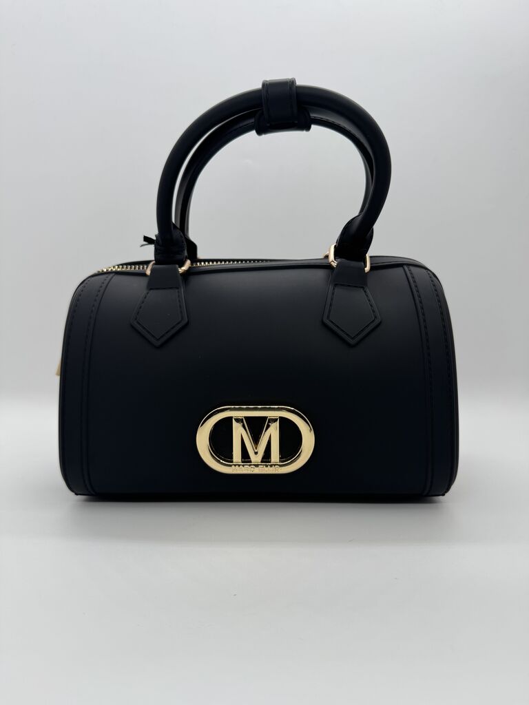 Black Structured Handbag with Gold Emblem