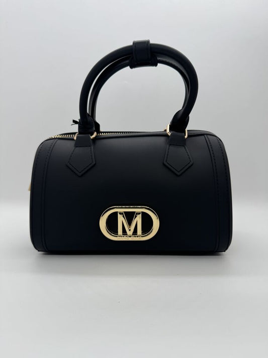 Black Structured Handbag with Gold Emblem