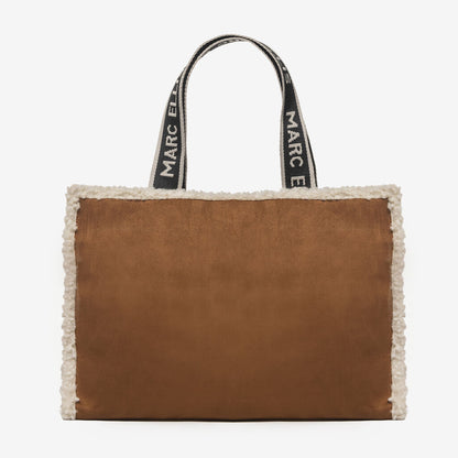 Brown Fleece-Trimmed Tote Bag with Logo Detail