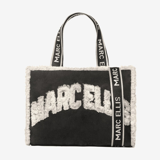 Black Shearling Tote Bag with Logo Detail