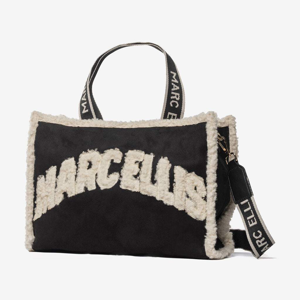 Black Shearling Tote Bag with Logo Detail