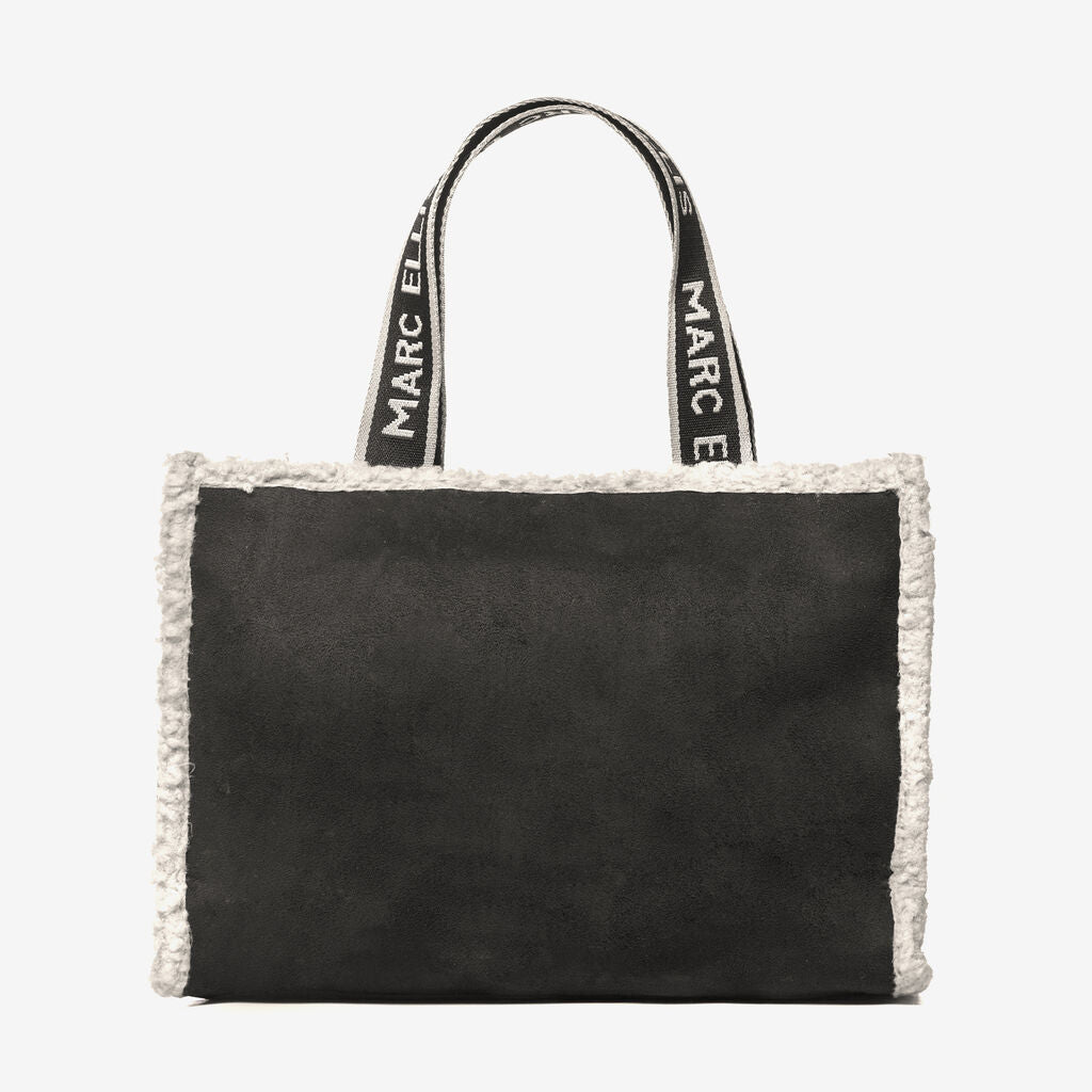 Black Shearling Tote Bag with Logo Detail