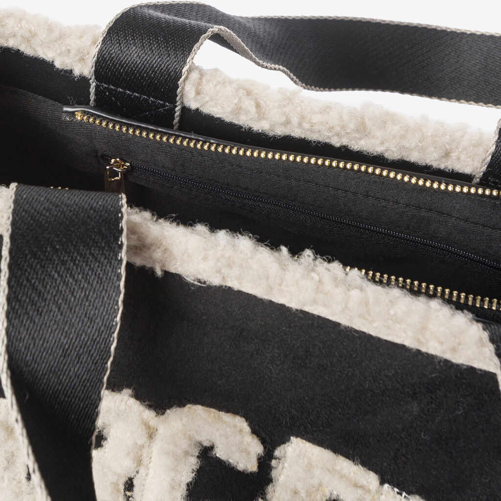 Black Shearling Tote Bag with Logo Detail