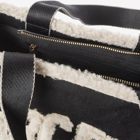 Black Shearling Tote Bag with Logo Detail