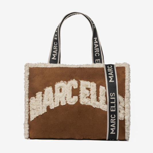 Brown Shearling-Trimmed Logo Tote Bag
