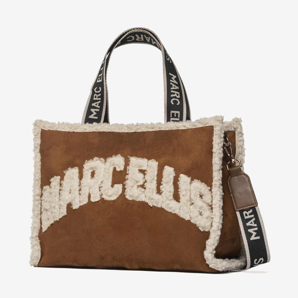 Brown Shearling-Trimmed Logo Tote Bag