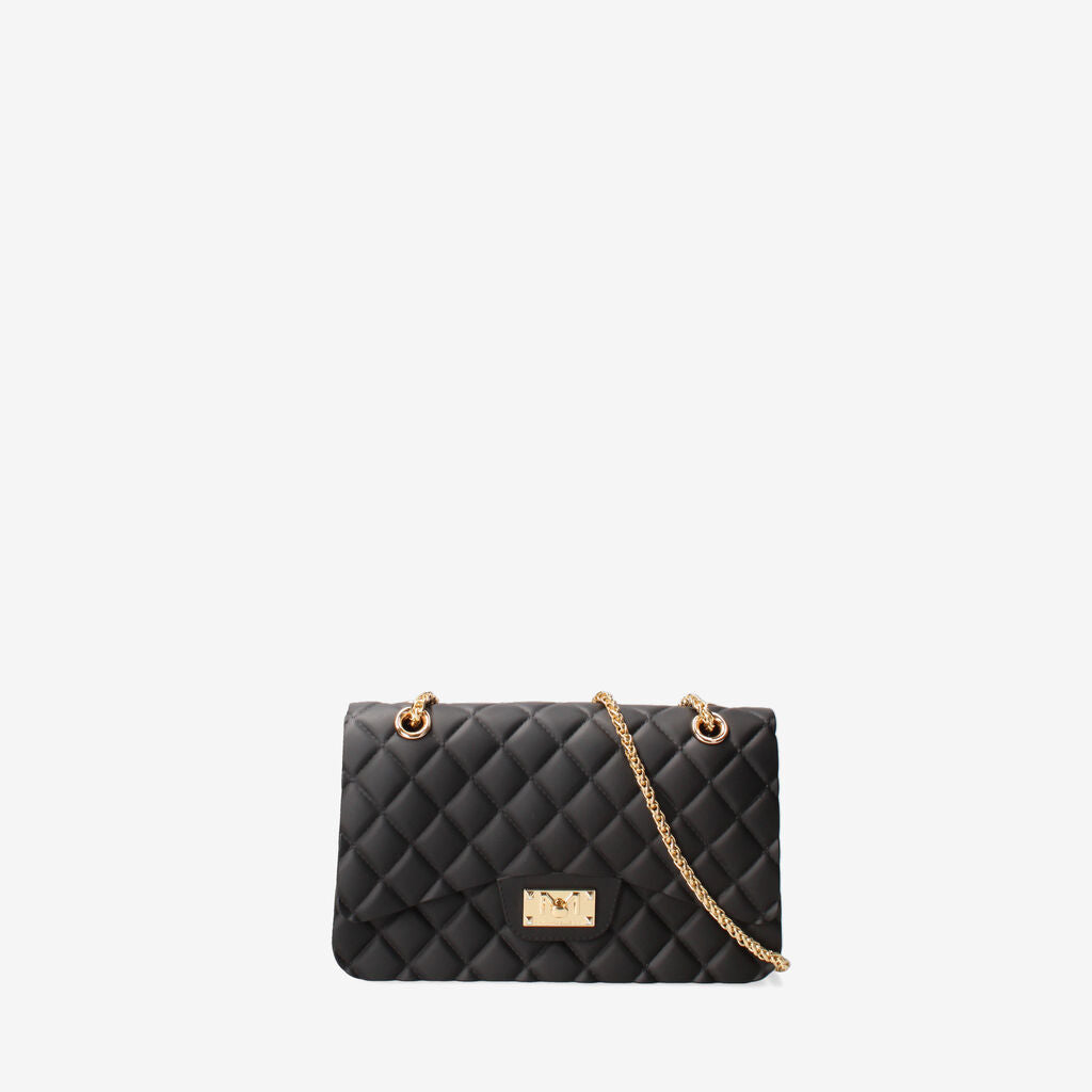 Black Quilted Shoulder Bag with Gold Chain
