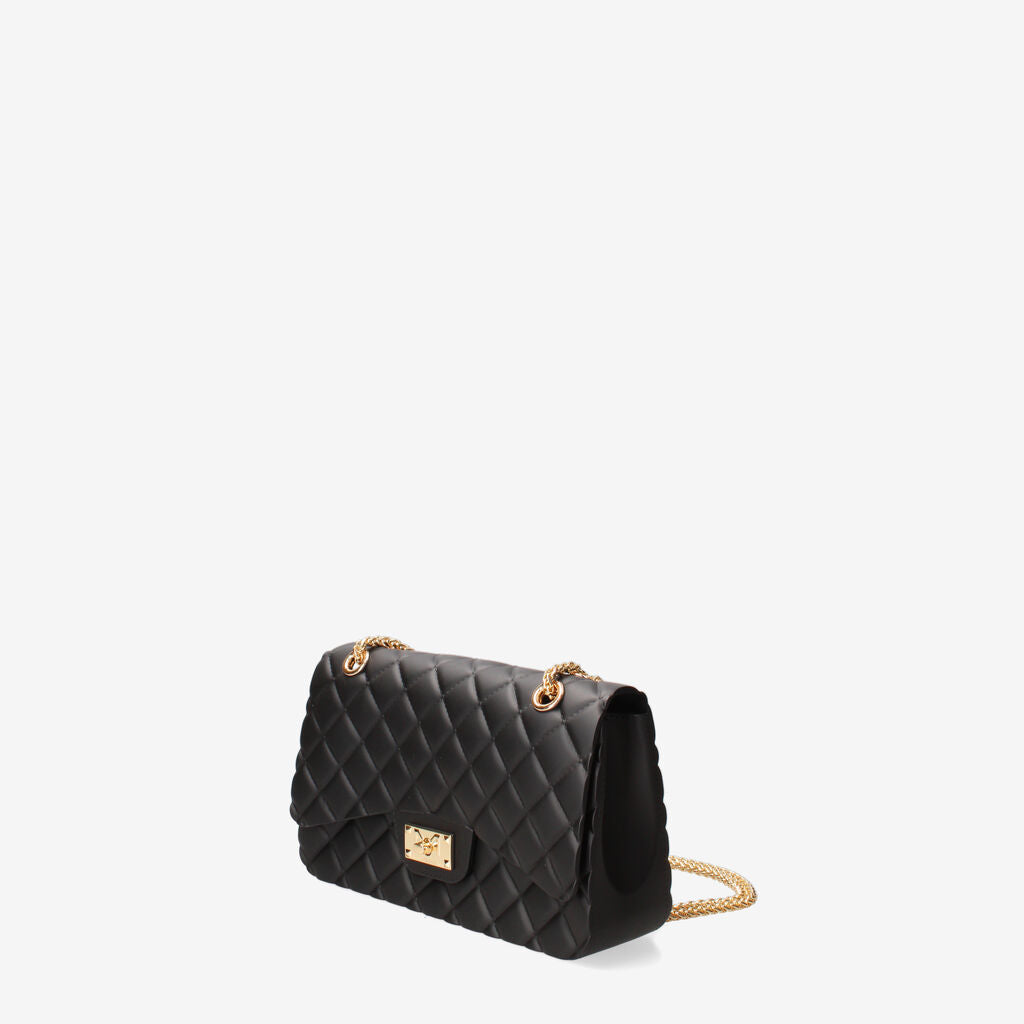 Black Quilted Shoulder Bag with Gold Chain