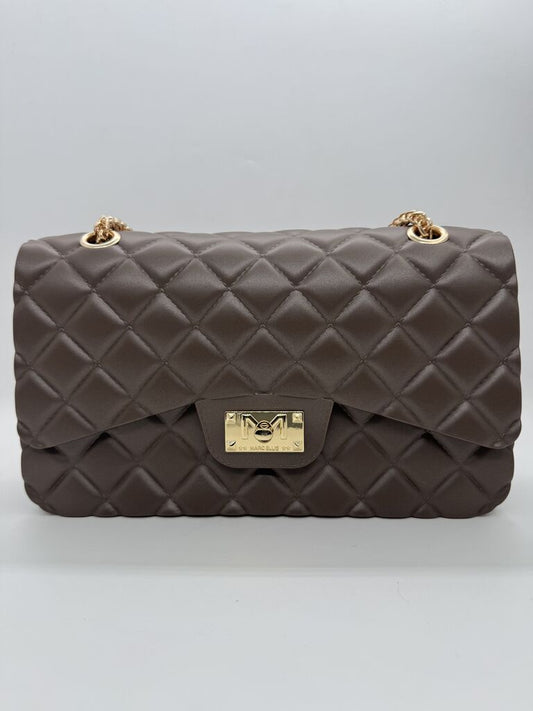 Brown Quilted Shoulder Bag with Gold Chain