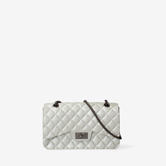 Pearl White Quilted Flap Bag with Chain Strap