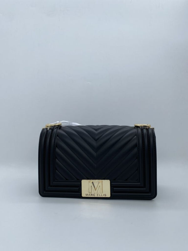 Black Quilted Shoulder Bag with Gold Accents