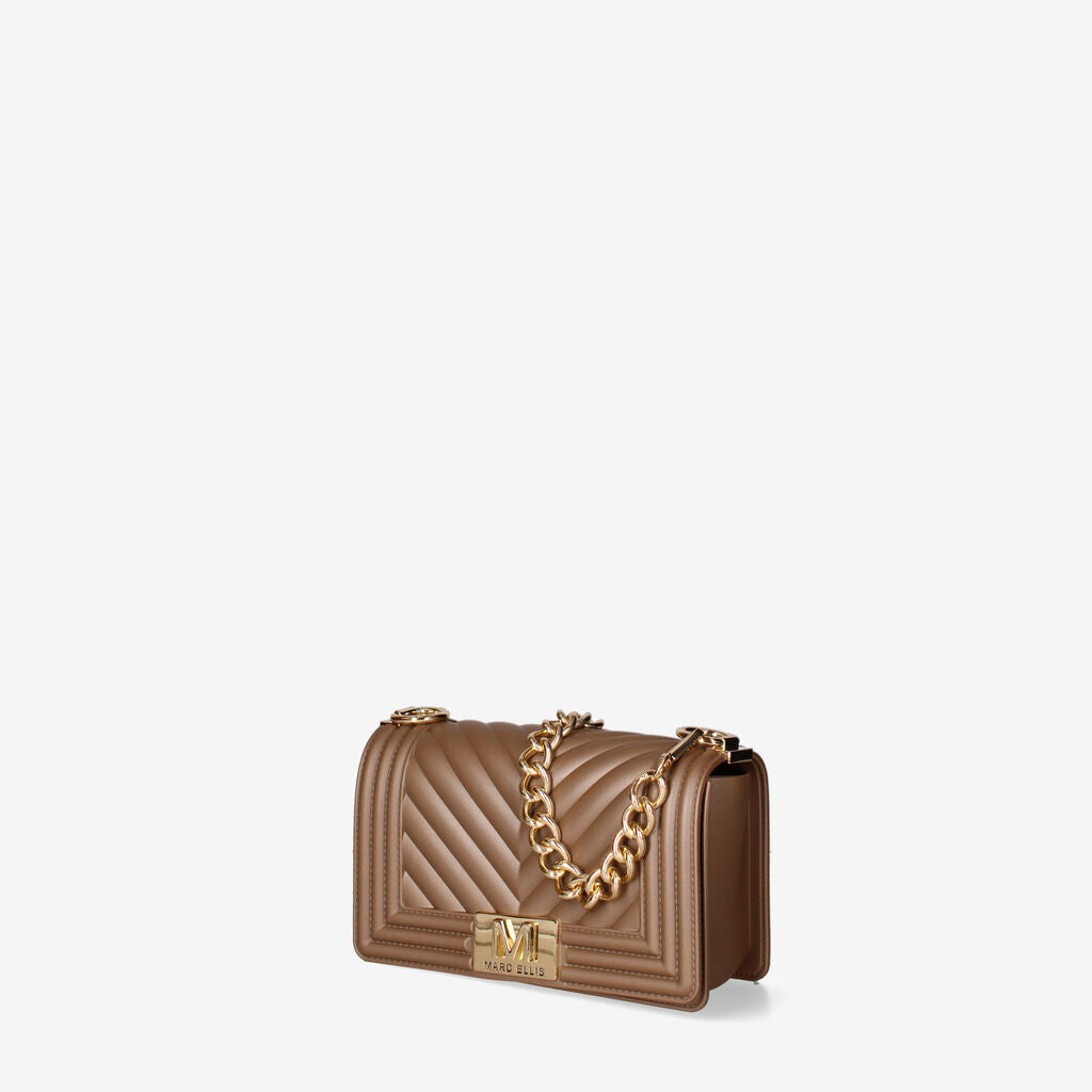 Taupe Quilted Leather Crossbody Bag with Chain Strap