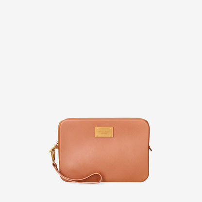Camel Textured Clutch with Wrist Strap
