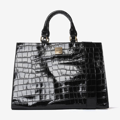 Black Croc-Embossed Tote Bag with Structured Handles