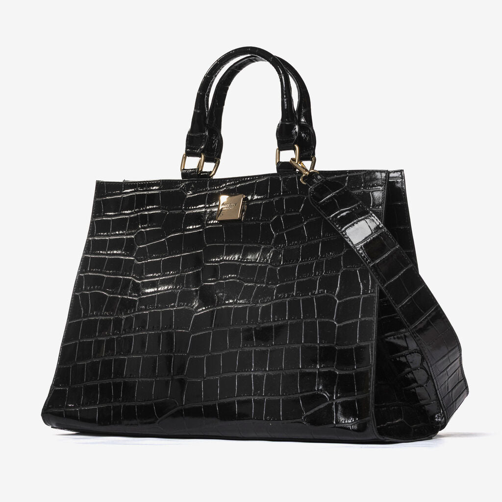 Black Croc-Embossed Tote Bag with Structured Handles