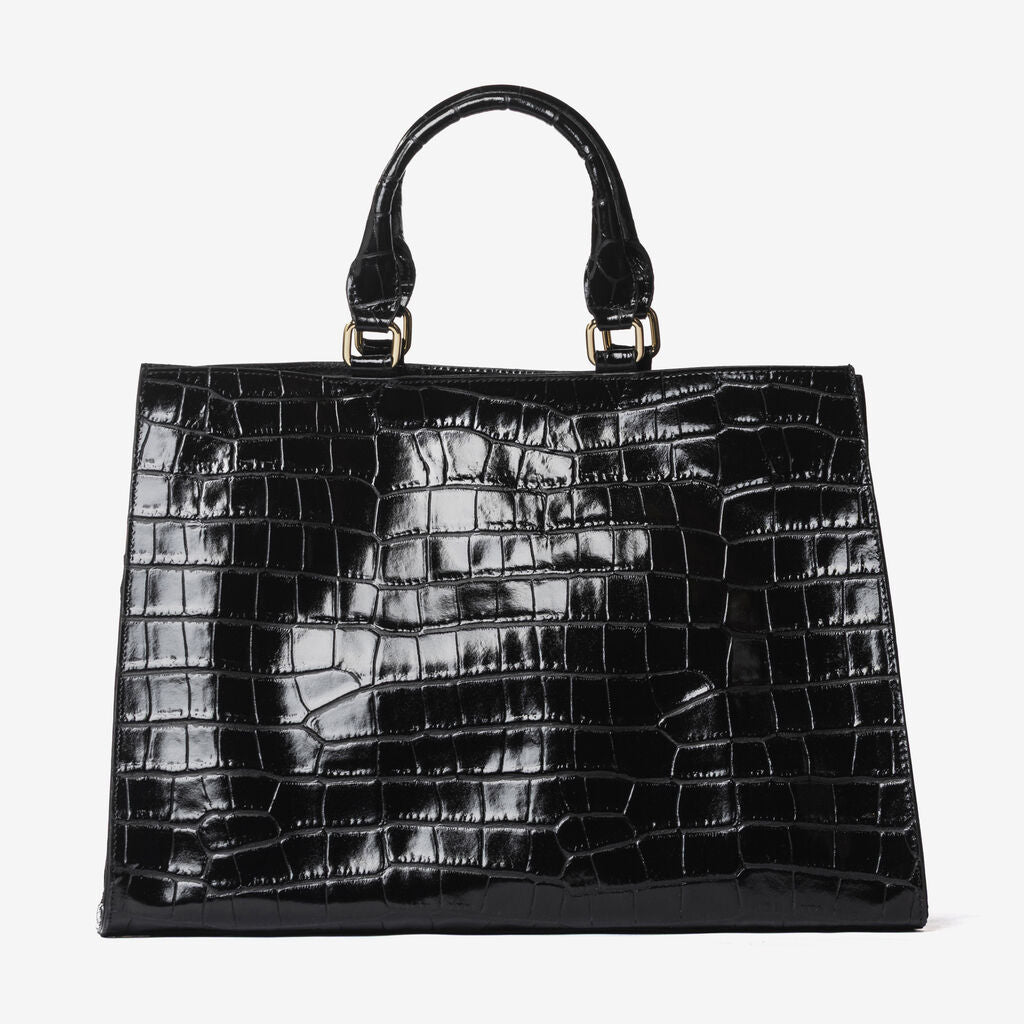 Black Croc-Embossed Tote Bag with Structured Handles